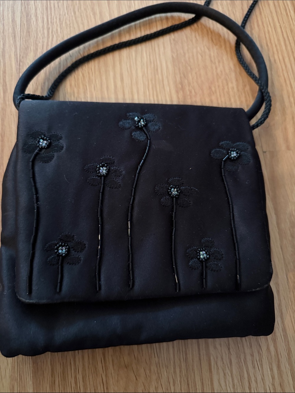 Classic Black Beaded Floral Crossbody Bag